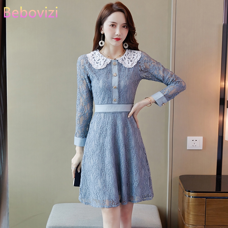 Ready Stock Korean Black Pink Blue Lace Long Sleeve Women Dress Casual Dinner Elegant A Line Midi Dresses Import Shopee Malaysia