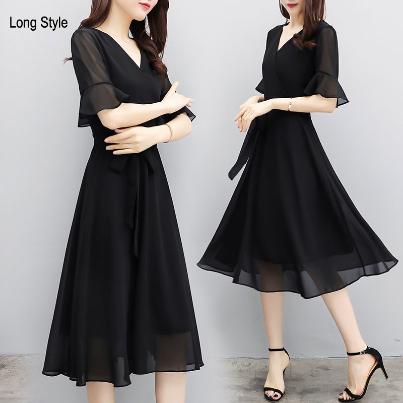 S 4xl Korean Women Short Sleeve Dress Casual Dinner Party Chiffon Midi Dresses Shopee Malaysia