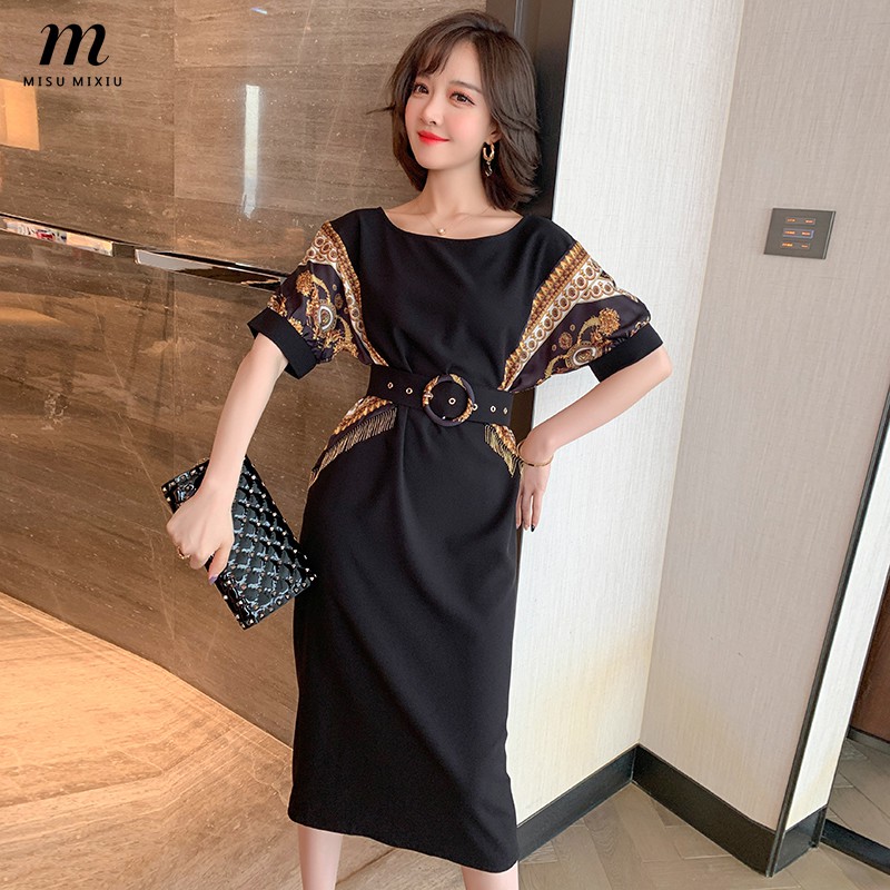 Misumixiu Dress Women Dinner Party Korean Style 2020 New Crew Neck Print Waist Tie Fashion Office Wear Ladies Dresses S Shopee Malaysia