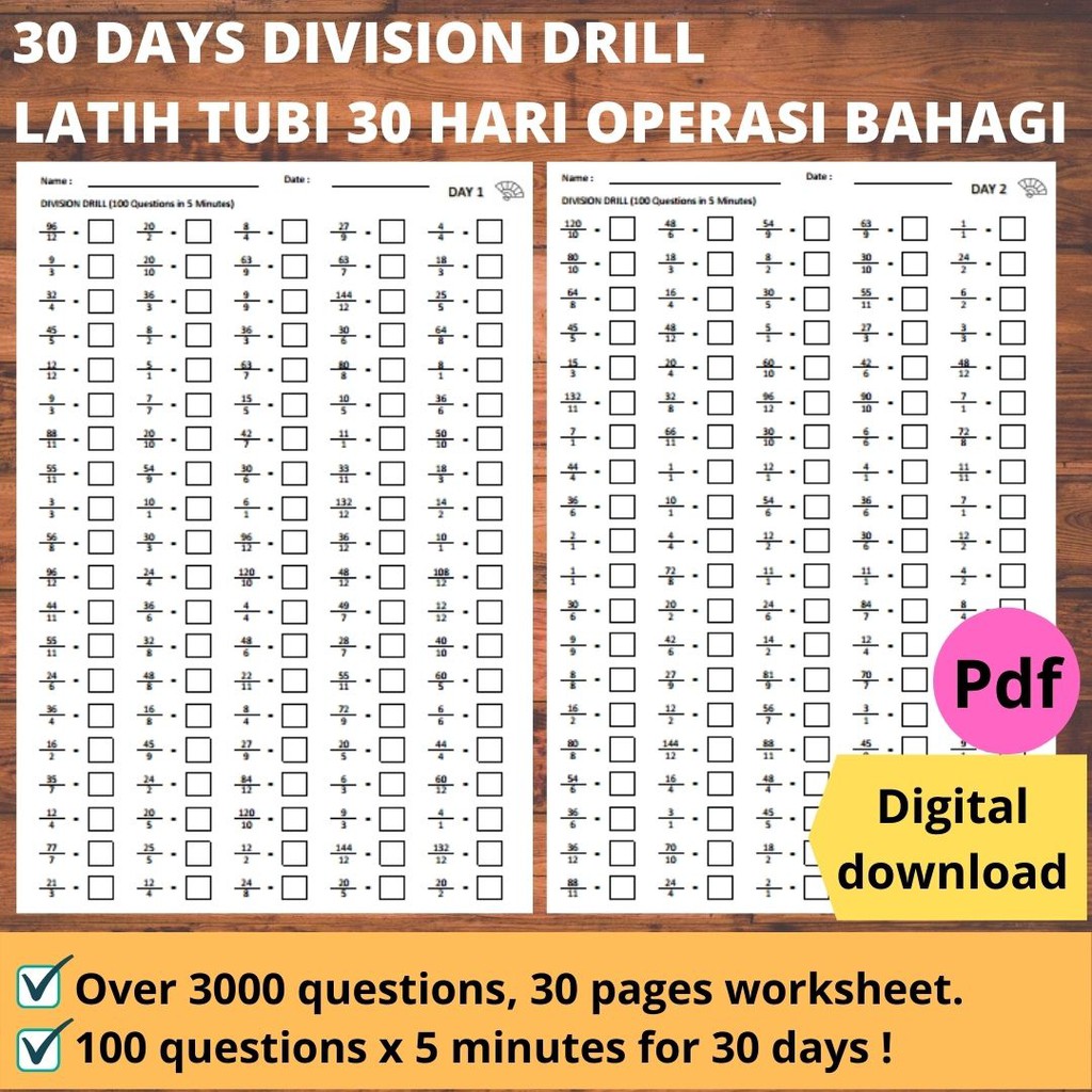 Latihan matematik 6 tahun dibawah hanya mengandungi 6 . Printable Math Workbook Buku Matematik Latih Tubi 30 Hari Operasi Bahagi Division Drill Worksheet Y234 Pdf File Shopee Malaysia