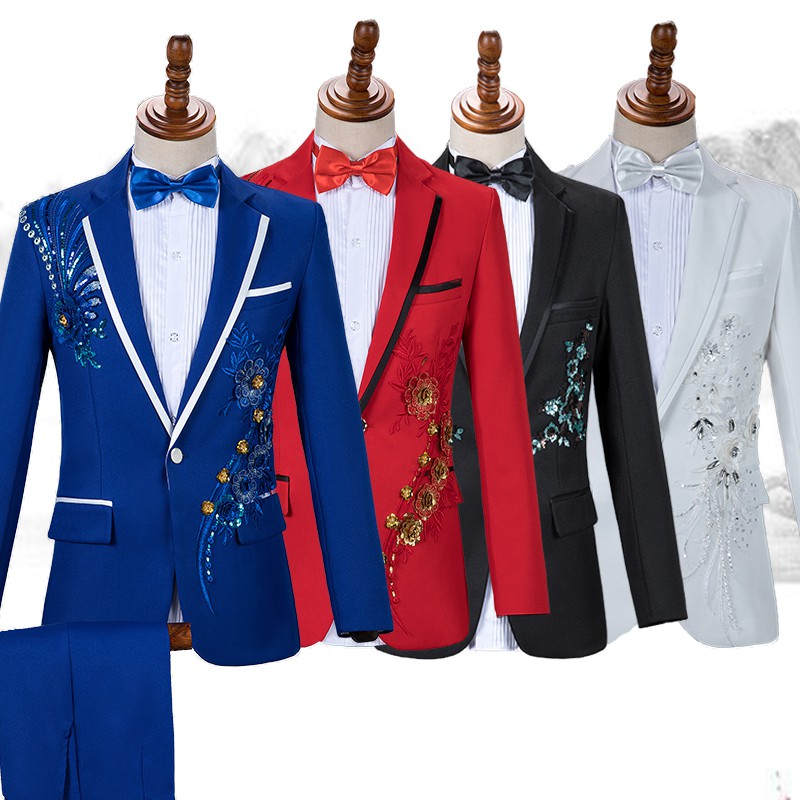 S 2xl Men S Suit Royal Blue Red White Back Glitter Floral Groom Party Dinner Event Emcee Coat Pant Suits Set Shopee Malaysia