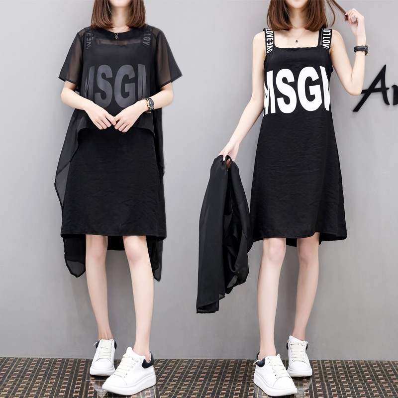 2019 Summer New Women S Big Size Air Set Fat Mm Slim Tummy Dress Chiffon Shirt Two Piece Shopee Malaysia