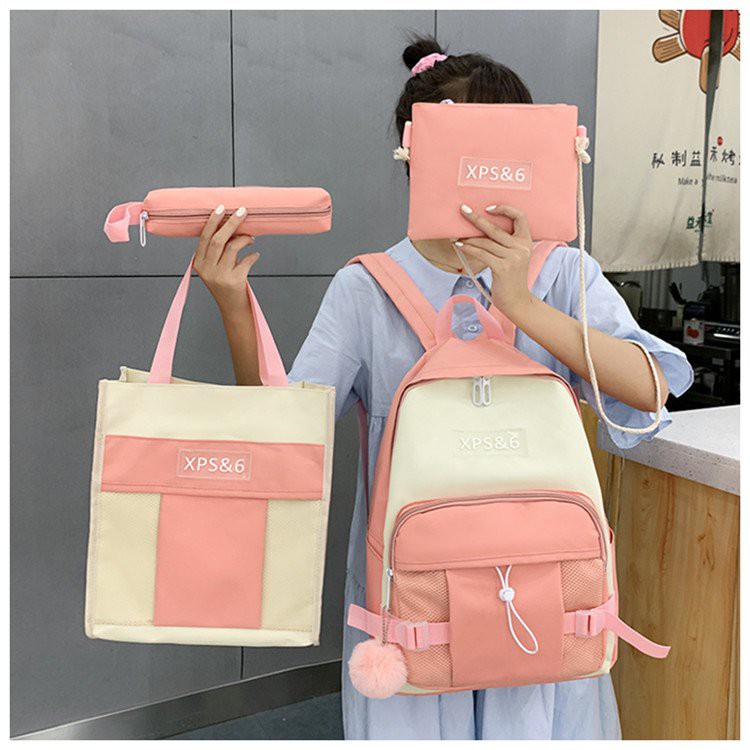 Korean Schoolbag Canvas Bag Four Piece Backpack Shoulder Bag Handbag With Free Pendant Shopee Malaysia