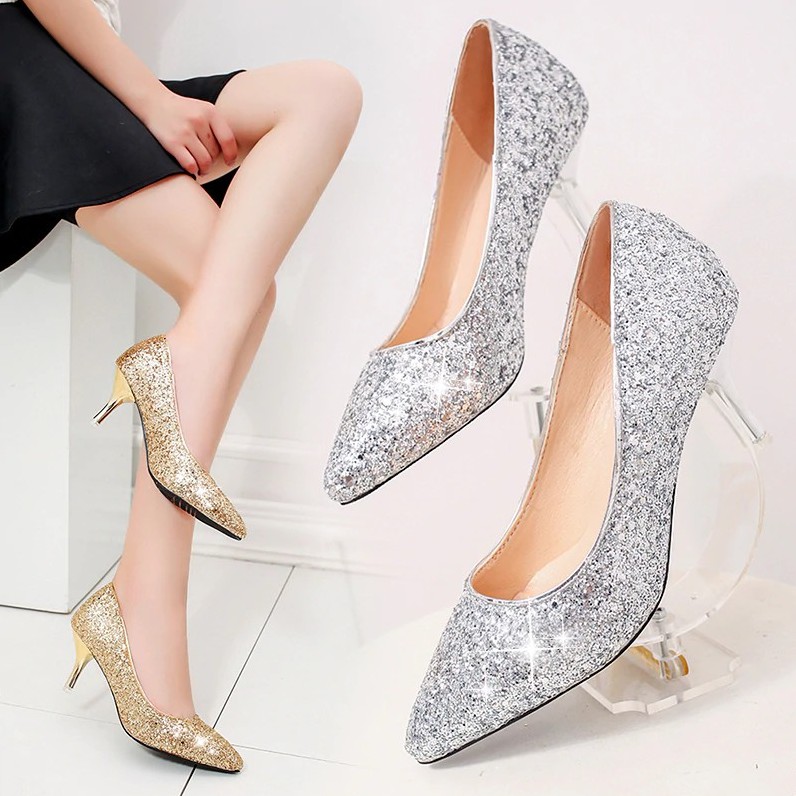 Plus Size Women Wedding Shoes High Heels Bling Woman Bridal Shoes Silver Dress Shoes Shopee Malaysia