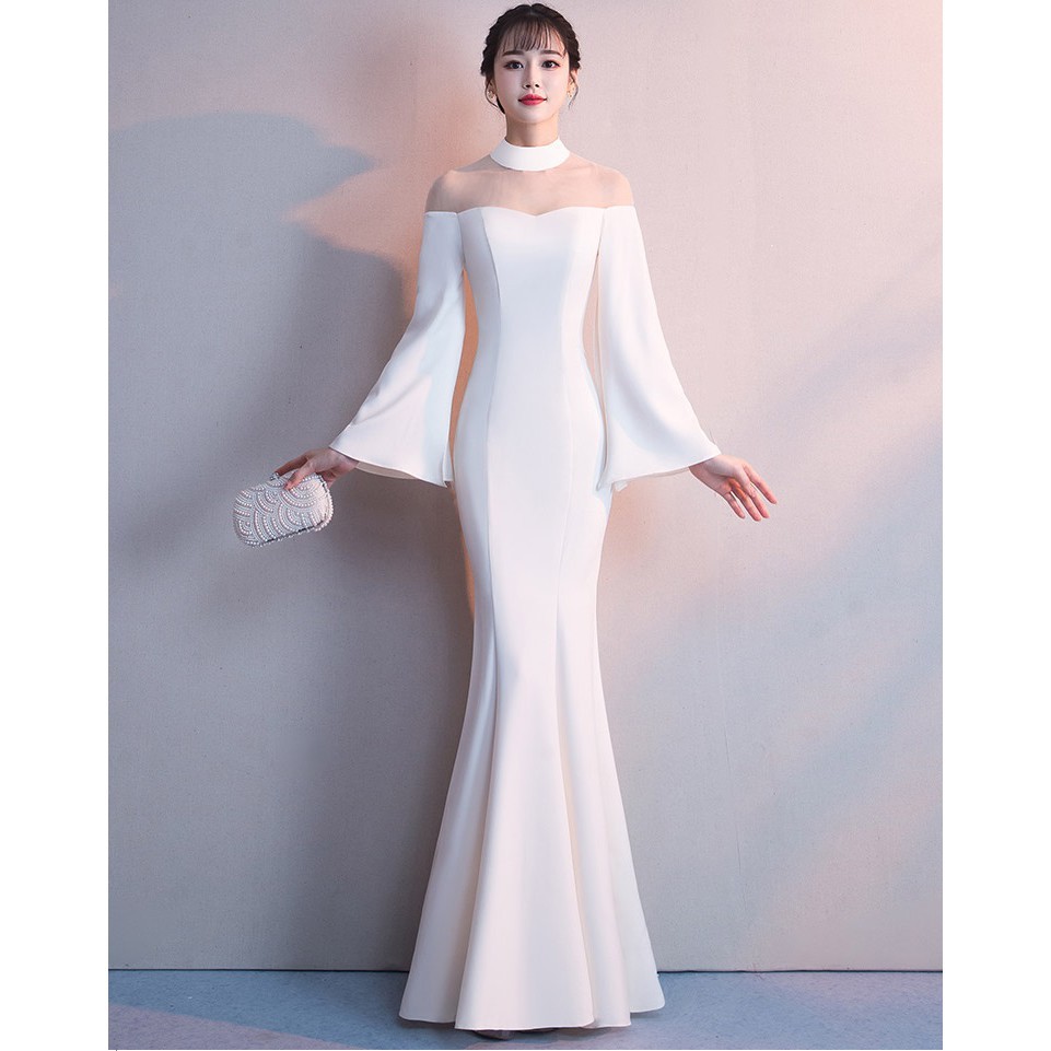 White Formal Dinner Dress Long Mermaid Split Sleeve Wedding Gown Evening Dresses Shopee Malaysia