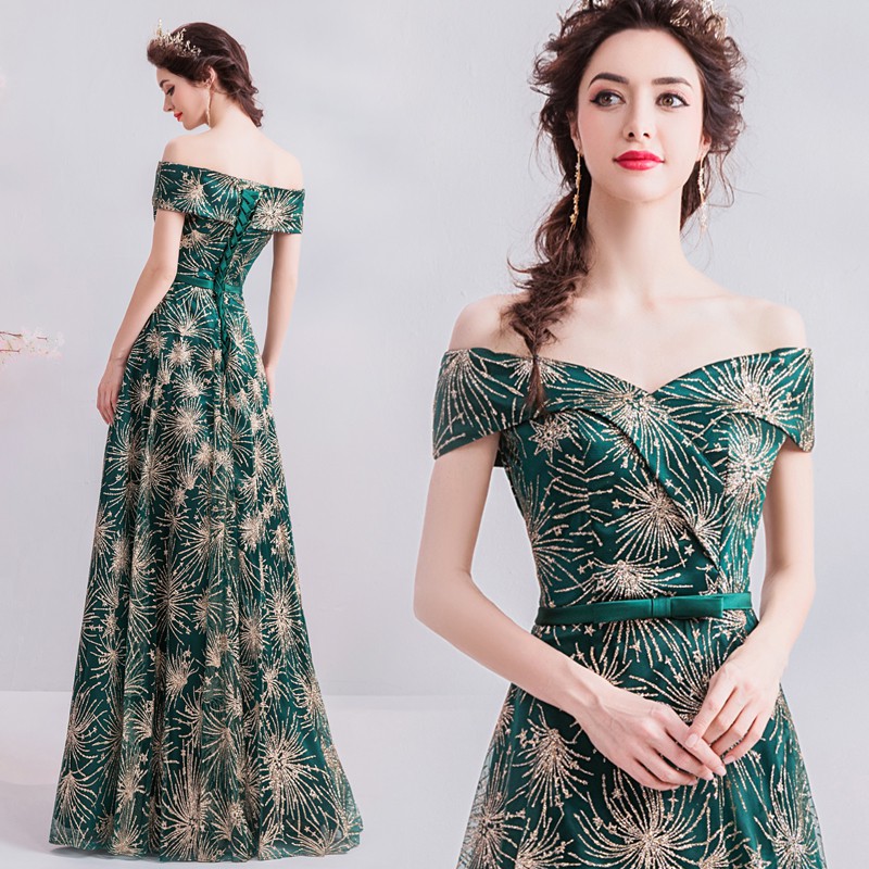 Xs 3xl Off Shoulder Emerald Green Gold Annual Dinner Prom Party Ball Dress Shopee Malaysia