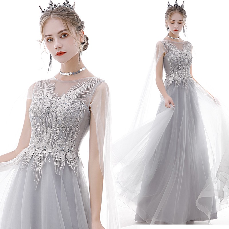 Ready Stock Silver Grey Organza Evening Dress Sequin Beaded Maxi Slim Fit Formal Dinner Party Dress Shopee Malaysia