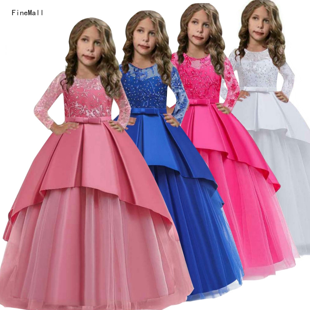 2 15 Years Kids Girls Long Sleeve Lace Dress Birthday Wedding Party Princess Puff Skirt Shopee Malaysia