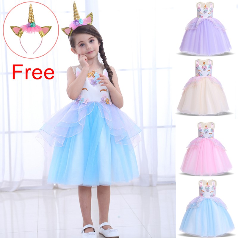 2020 Free Headband Girls Dress Birthday Kids Children S Clothing Dresses Unicorn Party Princess Dress Girl Tutu Dress Shopee Malaysia