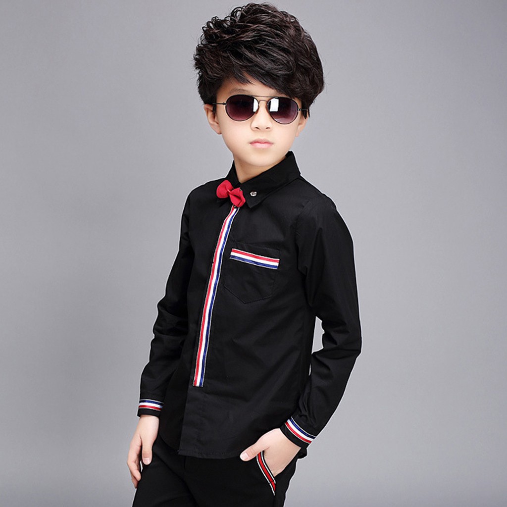 Navy Style Boys Dress Shirts Kids Striped Wedding Shirts With Bowtie Boys Shirts Shopee Malaysia