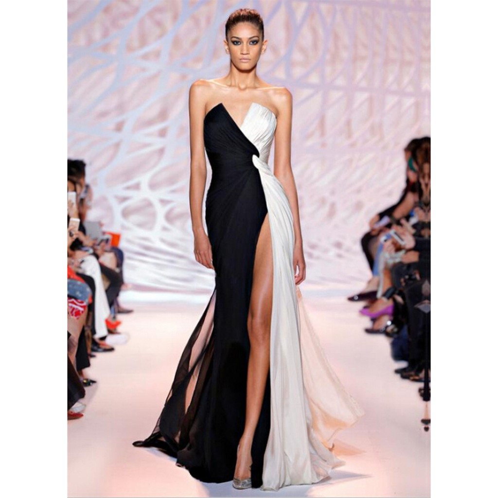Po Chiffon Black White Slit Zuhair Murad Wedding Dinner Evening Gown Dress Shopee Malaysia