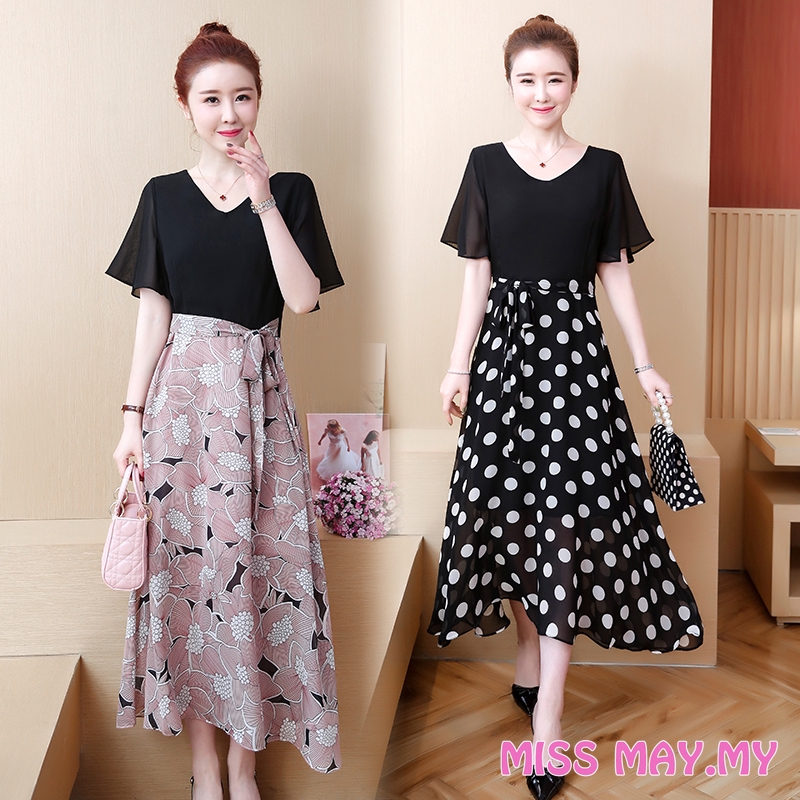 Plus Size Women Black Floral Long Dress Summer Fashion Korean Casual Elegant Dinner Office Wear Dresses Shopee Malaysia