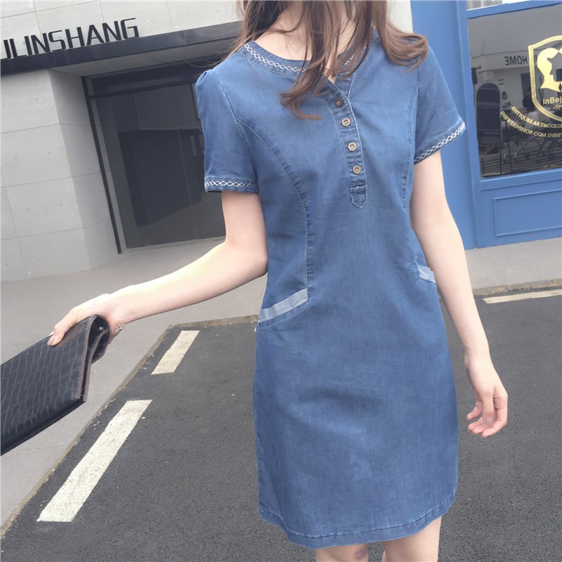 Women Denim Dresses Summer Short Sleeve Dress Jeans Ladies Girls Midi Dress Shopee Malaysia