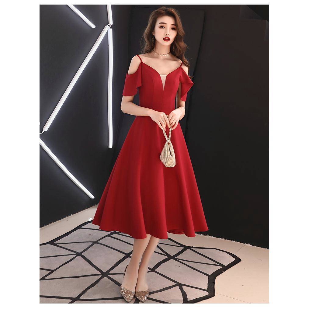 Women Elegant Noble Eveving Dinner Party Dress Red Ladies Wedding Performance Dignified Midi Dresses Shopee Malaysia