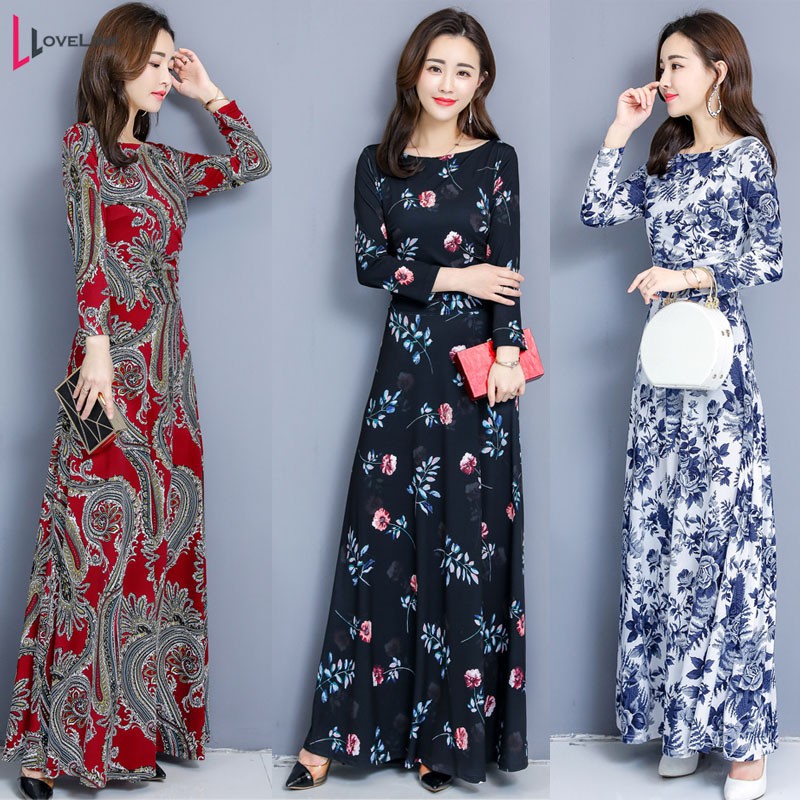 6 Colors Women Long Sleeve Flower Beach Long Dress Party Dinner Maxi Dresses Shopee Malaysia