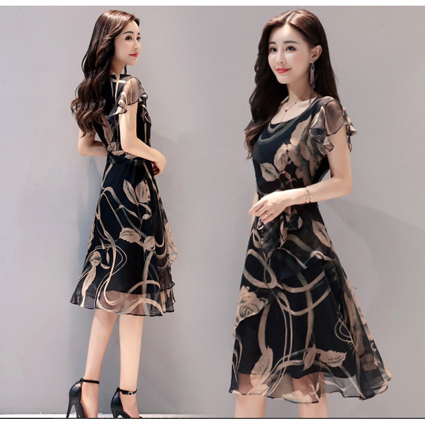 Women Plus Dresses Korean Fashion Casual Dinner Party Chiffon Midi Dress S 3xl Shopee Malaysia