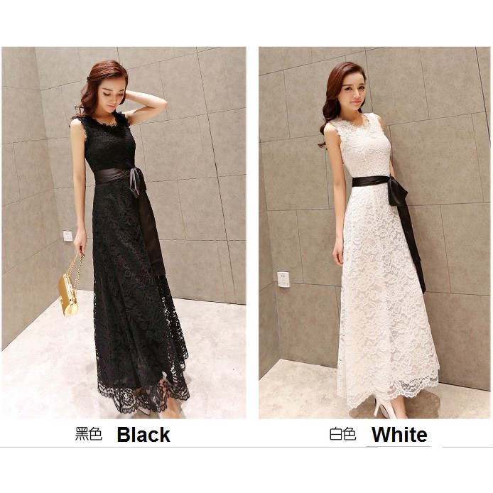 Elegant Black White Lace Long Dress Dinner Dress Shopee Malaysia