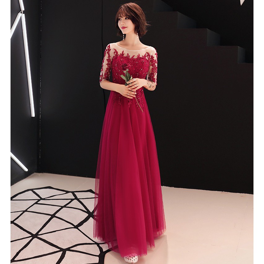 Red Annual Dinner Dress Embroidery Floral Long Wedding Party Bandage Maxi Dress Shopee Malaysia