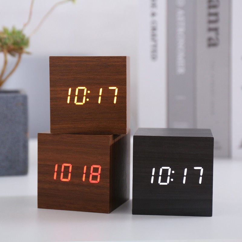 Modern Desktop Alarm Clock Sound Control Wooden Digital Alarm Clock Square Style Single Face Activated Watch Smart Clock Shopee Malaysia