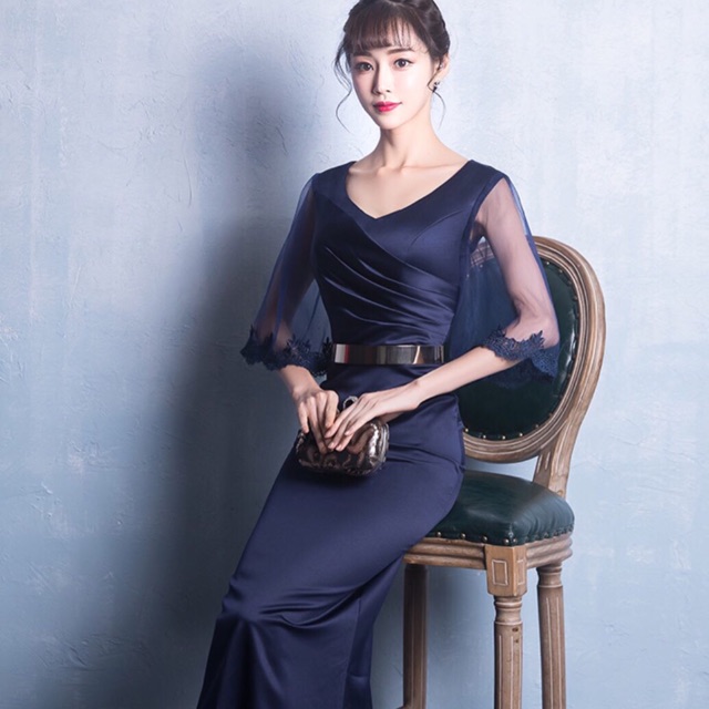 Navy Blue Slim Long Gala Dinner Night Party Wedding Engagement Formal Dress Shopee Malaysia