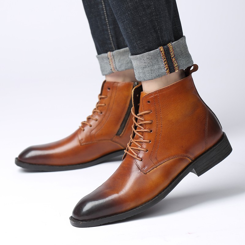 Genuine Leather Men S Ankle Boots Plus Size 35 47 Formal Dress Shoes Lace Up Business Leather Casual Boots Shopee Malaysia