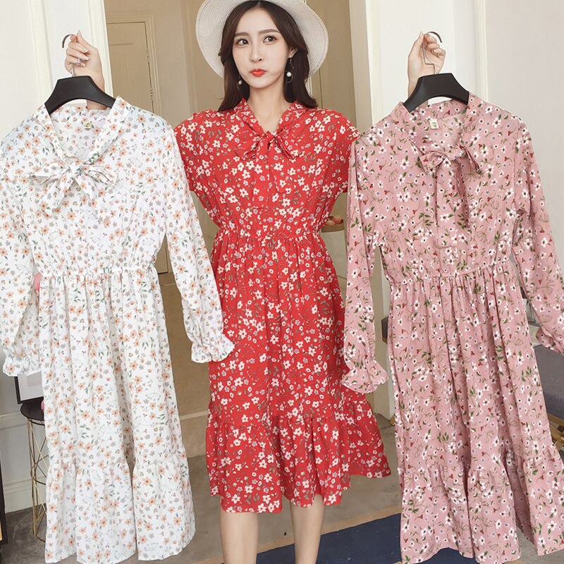Women Chiffon Dress Female Elegant Vintage Long Sleeve Printed Floral A Line Dresses Office Lady Casual Dress Shopee Malaysia
