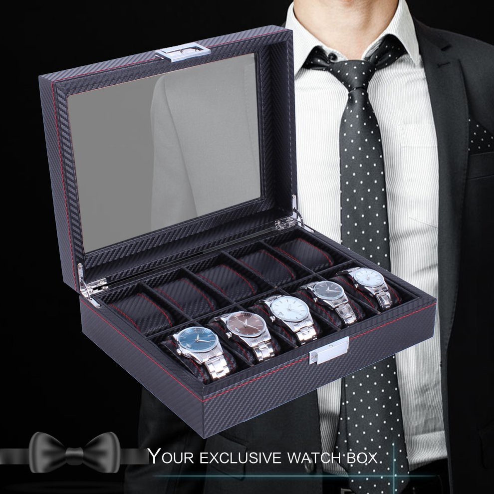 Modern Design 10 Grids Wooden Watch Box Carbon Fibre Pattern Watch Storage Box Shopee Malaysia