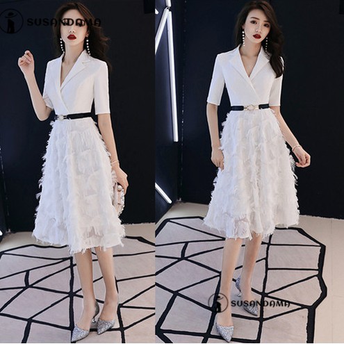 Women S Clothes Dinner Party Dress Simple Business Short Sleeve Elegant V Neck Dresses White Black Shopee Malaysia