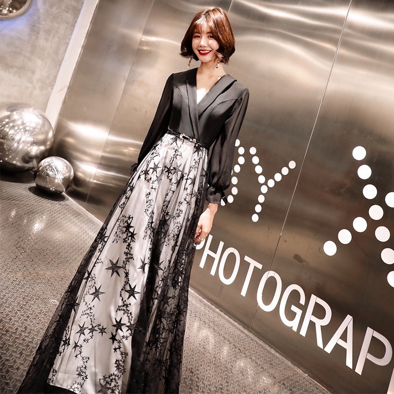 Black Evening Dress Female Fashion Simple And Elegant Long Host Present Birthday Party Dress Will Be Thinner Shopee Malaysia