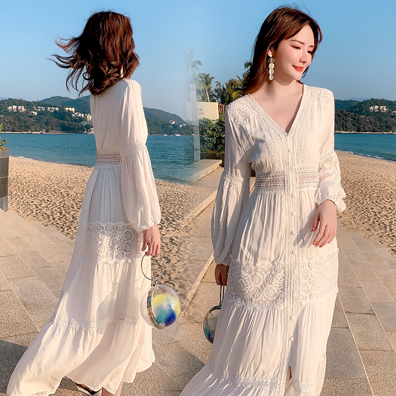 New High Quality Korean Beach Vacation Beach Dress V Neck High Waist Thin White Hollow Lace Dress Shopee Malaysia