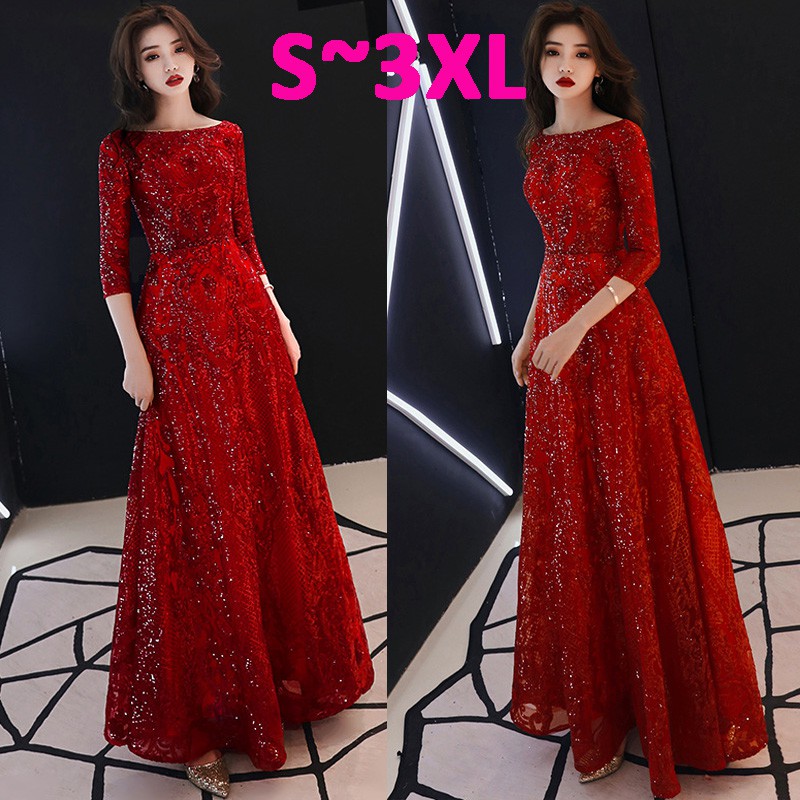 Women Sleeve Evening Dress Red Wedding Dress Long Dinner Dress Shopee Malaysia