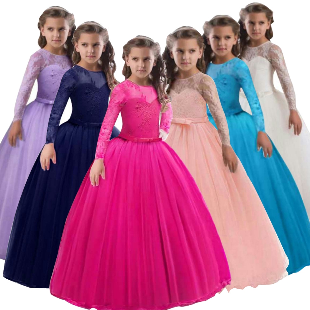 Girls Kids Wedding Flower Girl Dress Princess Party Pageant Dresses Long Sleeves Long White Dresses Ball Gown For 3 14t Teenage Shopee Malaysia