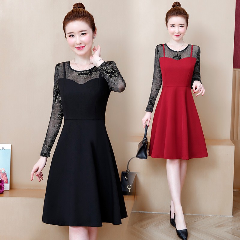 Big Size Korean Red Black Women Dress Plus Size Long Sleeve Dinner Party Casual Midi Dresses Import Shopee Malaysia