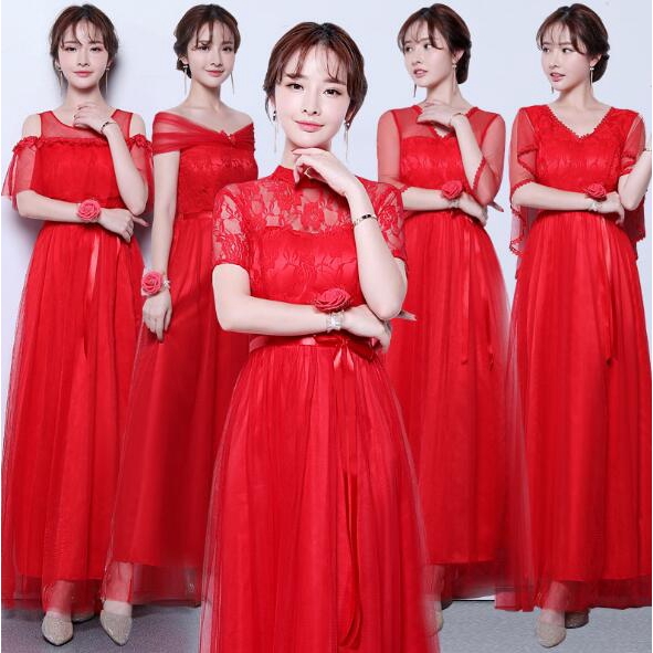 Anniversary Host Red Dress Fashion Elegant Short Sleeved Bridesmaid Dress Shopee Malaysia