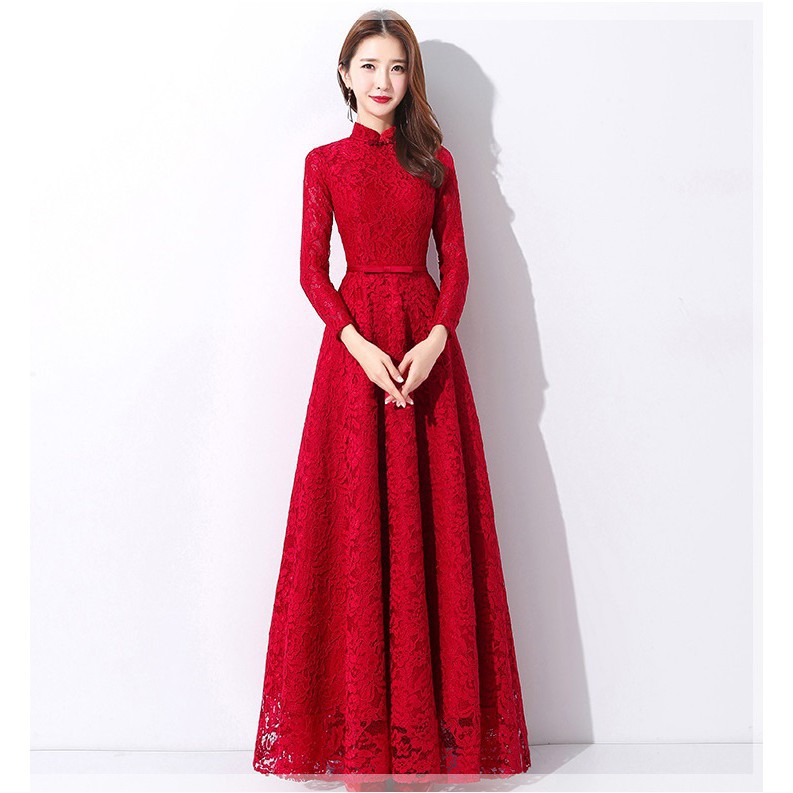 Women Long Party Dinner Evening Maxi Dresses Red Lace Wedding Gown Dress Elegant Shopee Malaysia