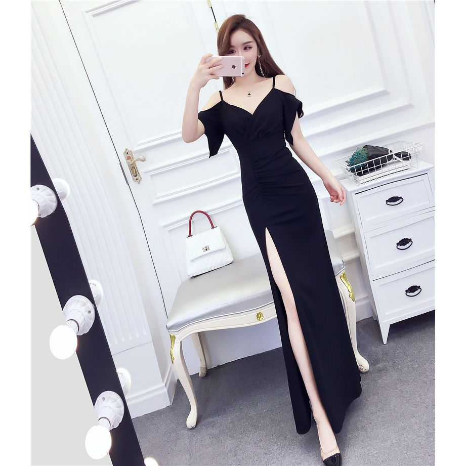 Black And Red Sexy Long Dress V Neck Party Dress Split Strap Fashion Elegant Dress Shopee Malaysia