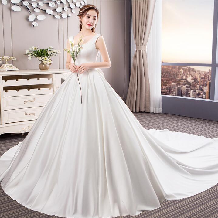 White Satin Simple Slim Fit Sleeveless Bow 1 Meter Long Tail Wedding Party Gown Dress Shopee Malaysia
