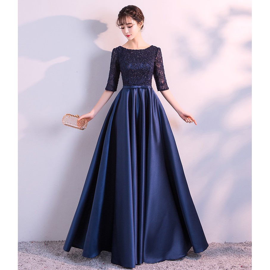 New Elegant Blue Dinner Dress Women Long Lace Wedding Gown Bridesmaid Dresses Shopee Malaysia