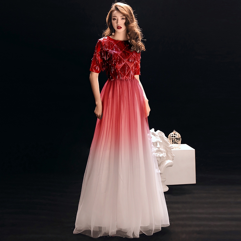 Banquet Evening Dress Female 2020 Women Girl Noble Long Gradual Shining Red Company Topic Dinner Party Wedding Dress Shopee Malaysia