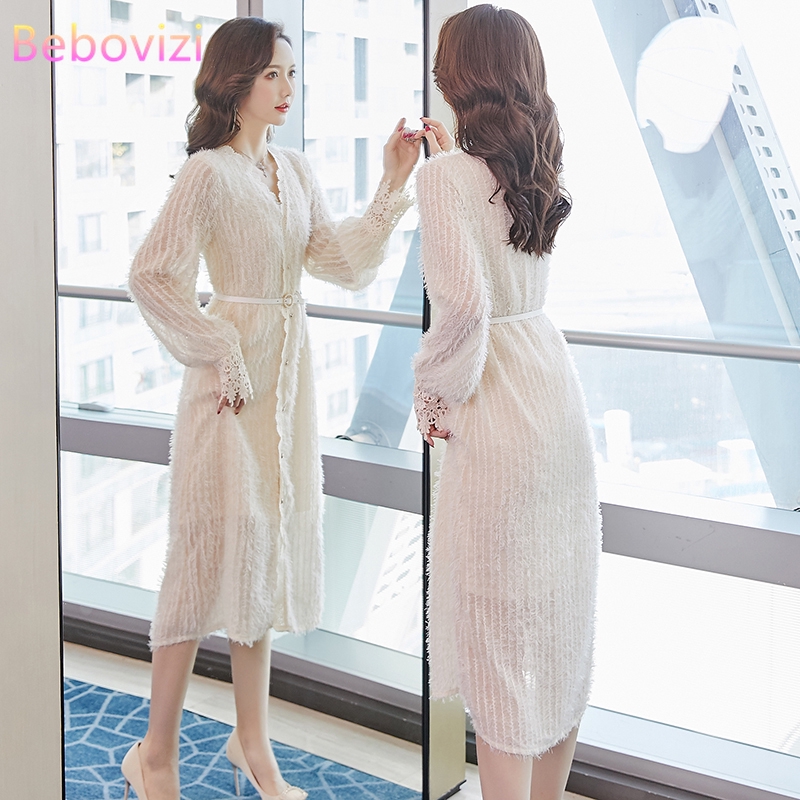 2020 Korean Black White Elegant Long Sleeve Midi Dress Casual Dinner Party Women Lace Dresses Import Shopee Malaysia