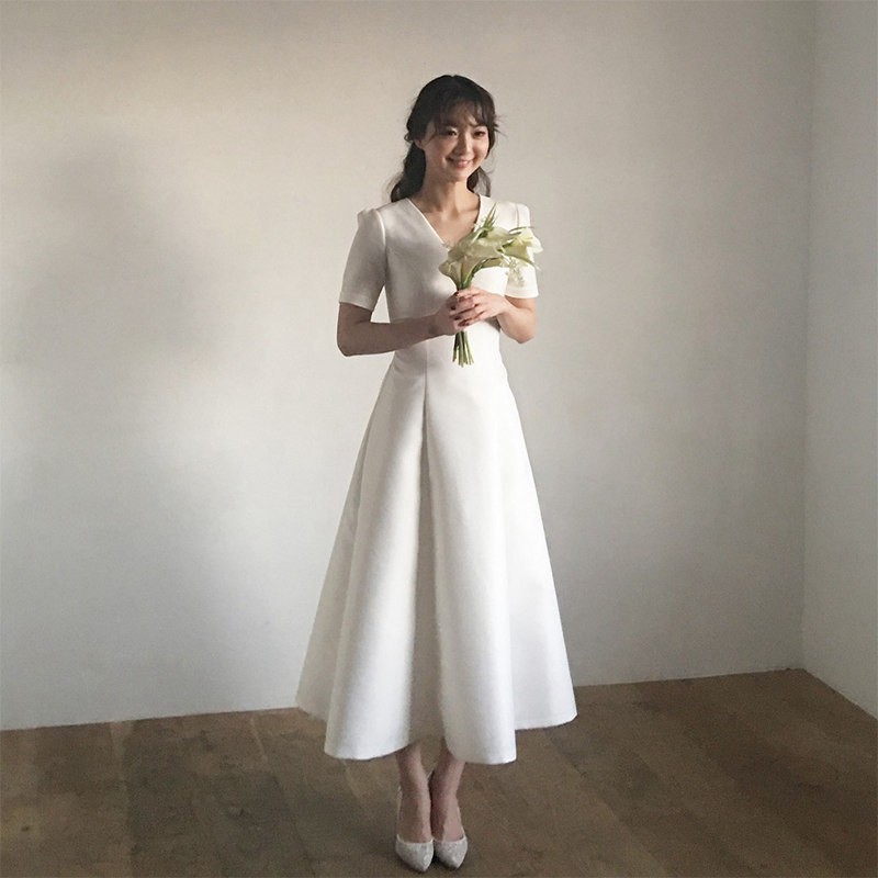 Light Wedding Dress Summer New White Satin Simple Sen V Neck Long Bride Wedding Party Dress Shopee Malaysia