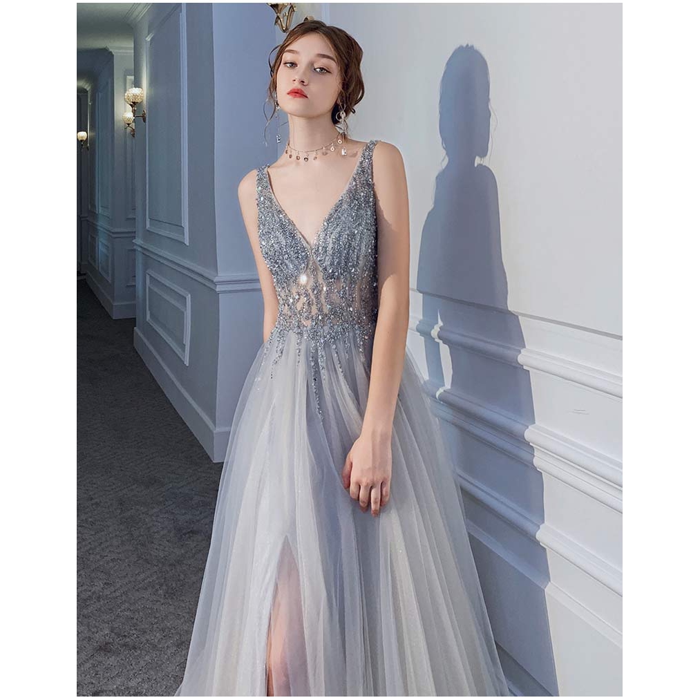 Available Thin V Neck Sexy Backless Sequin Dress Skirt Party Birthday Party Banquet Annual Meeting Dress Evening Dress Shopee Malaysia