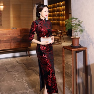 2019 Autumn Winter Long Cheongsam Dress Vintage Slim Dress Women Gold Velvet Evening Wedding Dresses 4xl Shopee Malaysia