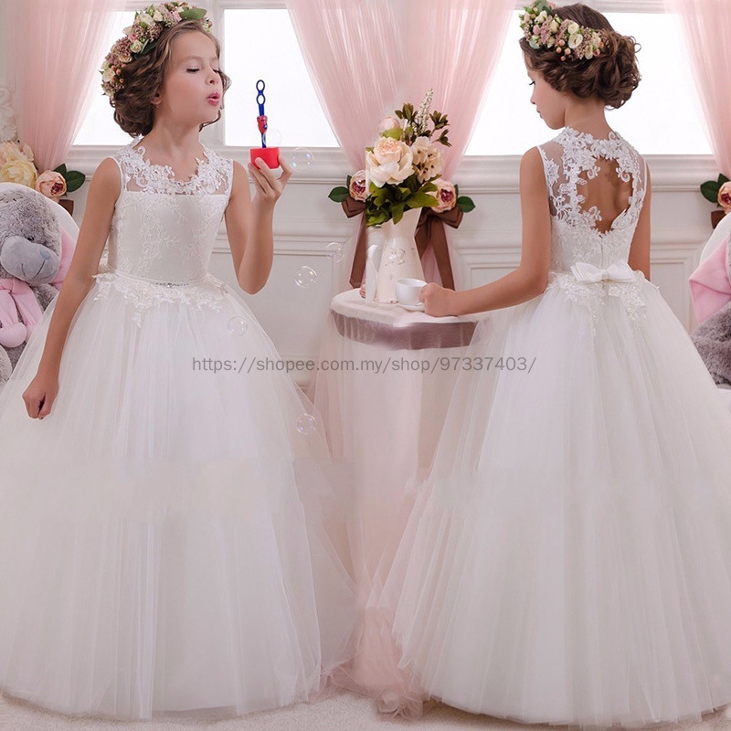 Kids Girls Dresses Lace Back Hollow Maxi Dress Wedding Flower Girl Gown Birthday Princess Dress Shopee Malaysia