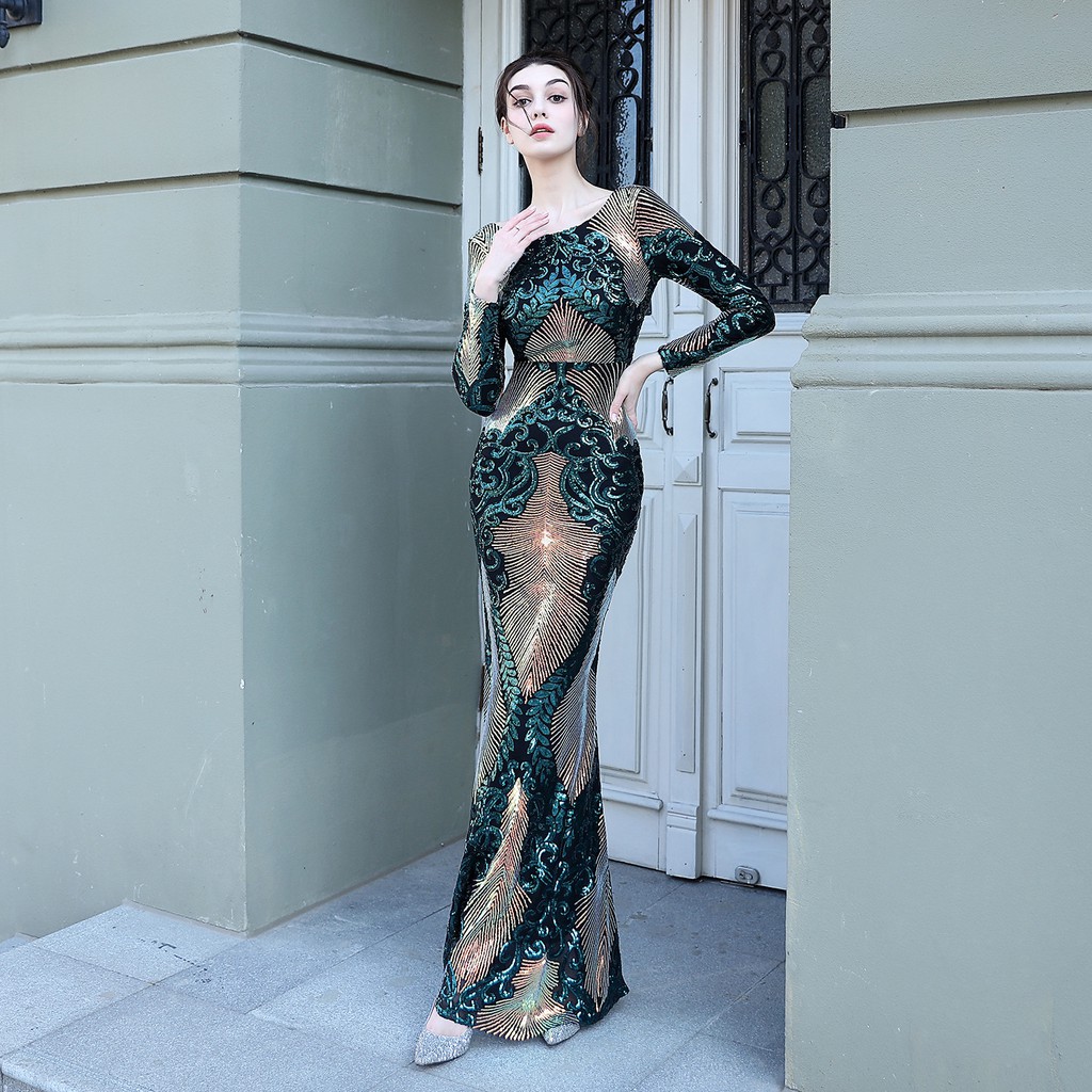 Trendy Bodycon Muslimah Women Luxury Maxi Gown Dress Girl Sequin Sparkly Bling Mermaid Elastic Long Sleeve Baju Jubah Sister Bridesmaid Formal Party Evening Dinner Birthday Dresses Shopee Malaysia