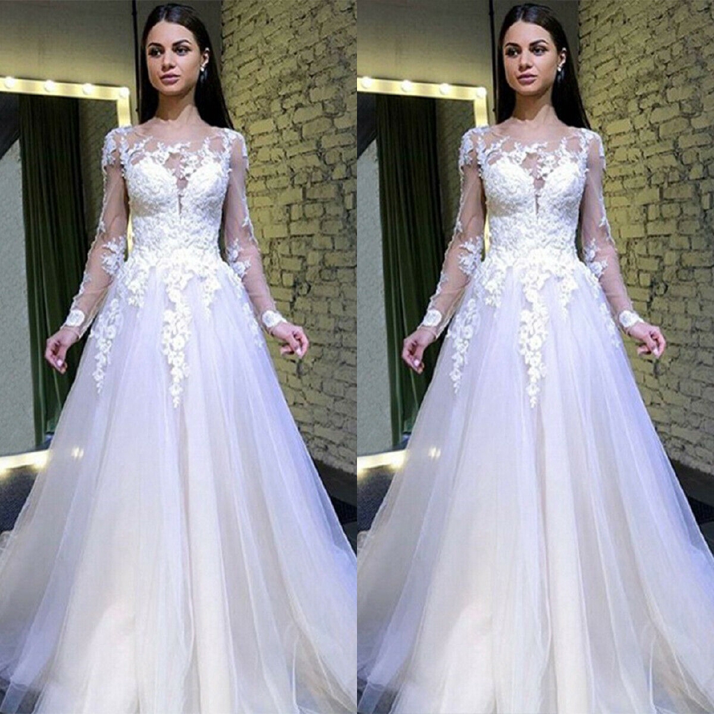 Maxi Dress Annual Dinner For Women Lace Long Sleeve Wedding Formal Ball Gown Bridal White Shopee Malaysia