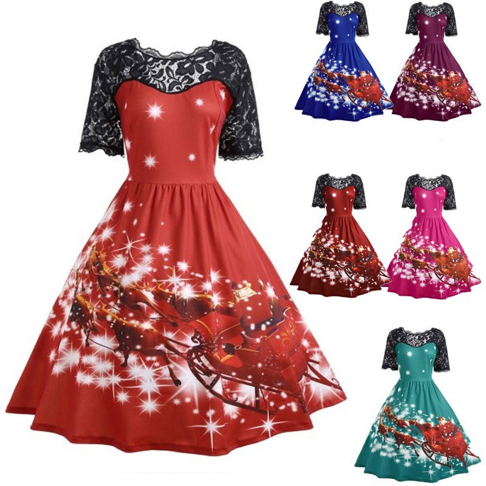 Womens Christmas Party Dress Ladies Vintage Xmas Swing Lace Dress Shopee Malaysia
