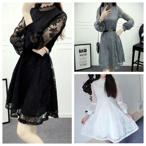 Free Ship S 3xl Women Lace Long Sleeves Dinner Party Dress Midi Casual Dress Shopee Malaysia