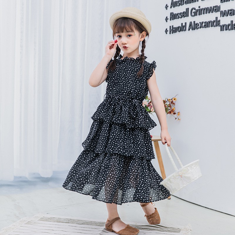 Girl S Chiffon Dress Elegant Vintage Polka Dot Sleeveless Layered Ruffle Hem Midi Dress High Neck Tiered Long Beach Sundress Kids Skirt Children Clothing For 6 14y Shopee Malaysia