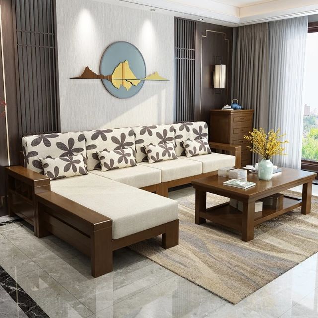 Full Solid Wood Sofa Combination Fabric Sofa Walnut Color Living Room Furniture Shopee Malaysia
